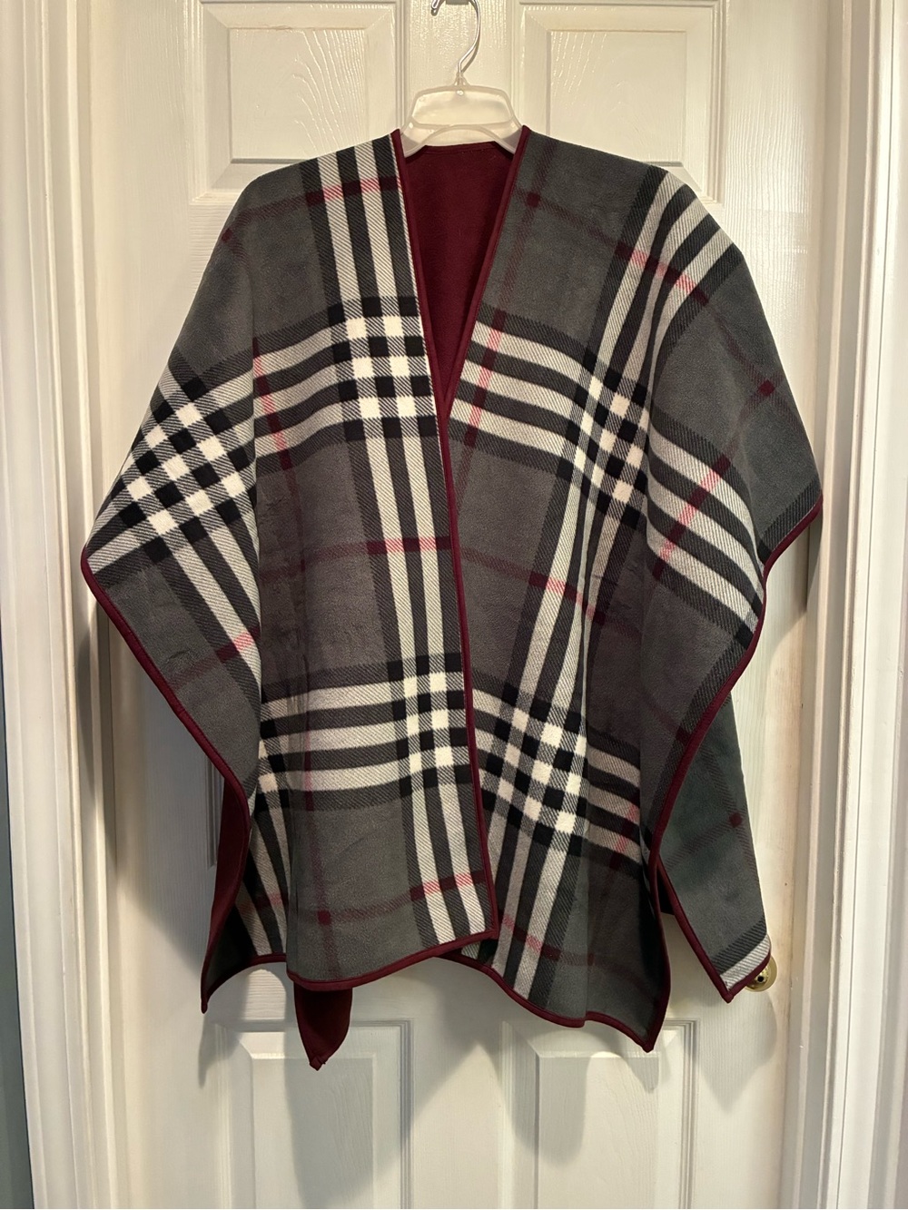 Reversible Plaid Cape Poncho - Gray & Burgundy